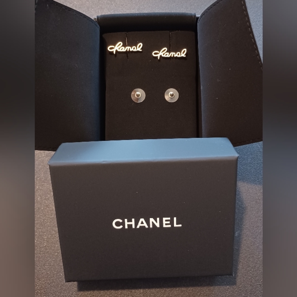 Chanel Gold Tone Cursive Script Crawler Women's Earrings - Picture 2 of 11